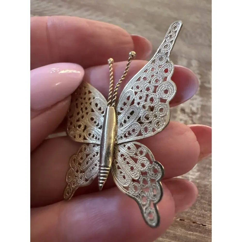 Vintage Metal Filigree Gold tone Butterfly Brooch Lapel Pin